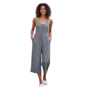 Blashe woman’s Striped Black The Mock-Neck Capri Jumpsuit size small
